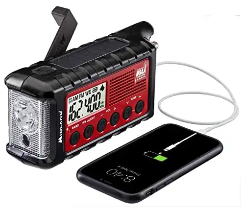 Midland - ER310, Emergency Crank Weather AM/FM Radio - Multiple Power Sources, SOS Emergency Flashlight, Ultrasonic Dog Whistle, & NOAA Weather Scan + Alert (Red/Black)