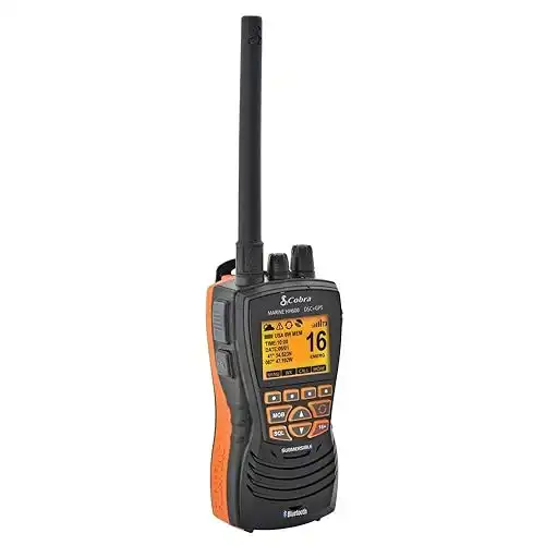 Cobra MR HH600FLTBTGPS Handheld Floating VHF Radio – 6 Watt, GPS, Bluetooth, Submersible, Noise Cancelling Mic, Backlit LCD Display, Memory Scan, Grey