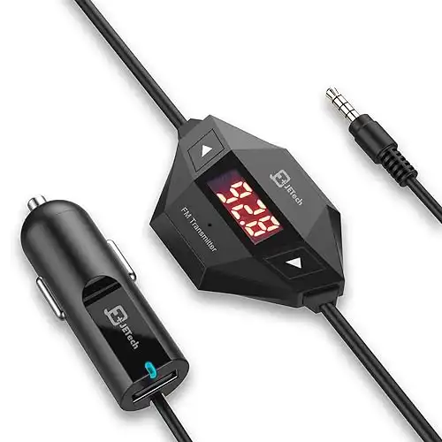 JETech Wireless FM Transmitter Radio Car Kit for Smart Phones Bundle with 3.5mm Audio Plug and Car Charger (Black)