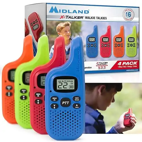 Midland X-TALKER 22 Channel FRS Walkie Talkie for Kids - Two-Way Radio, 38 Privacy Codes, NOAA Weather Alert (Multi-Color, 4 Radios)