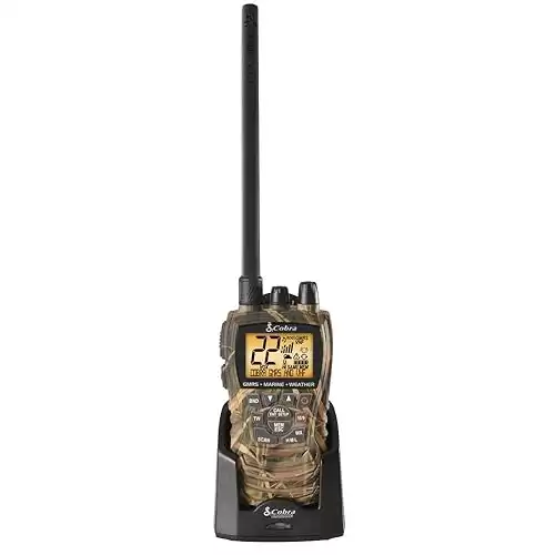 Cobra MR HH450 CAMO Handheld Floating VHF Radio 6 Watt, All-Terrain, Submersible, Noise Cancelling Mic, Backlit LCD Display, Memory Scan, Camo